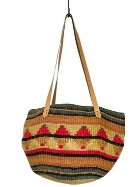 Bag Boho Chic Woven Sisal Shoulder Round Lined ip Closure Market Tote Leather St